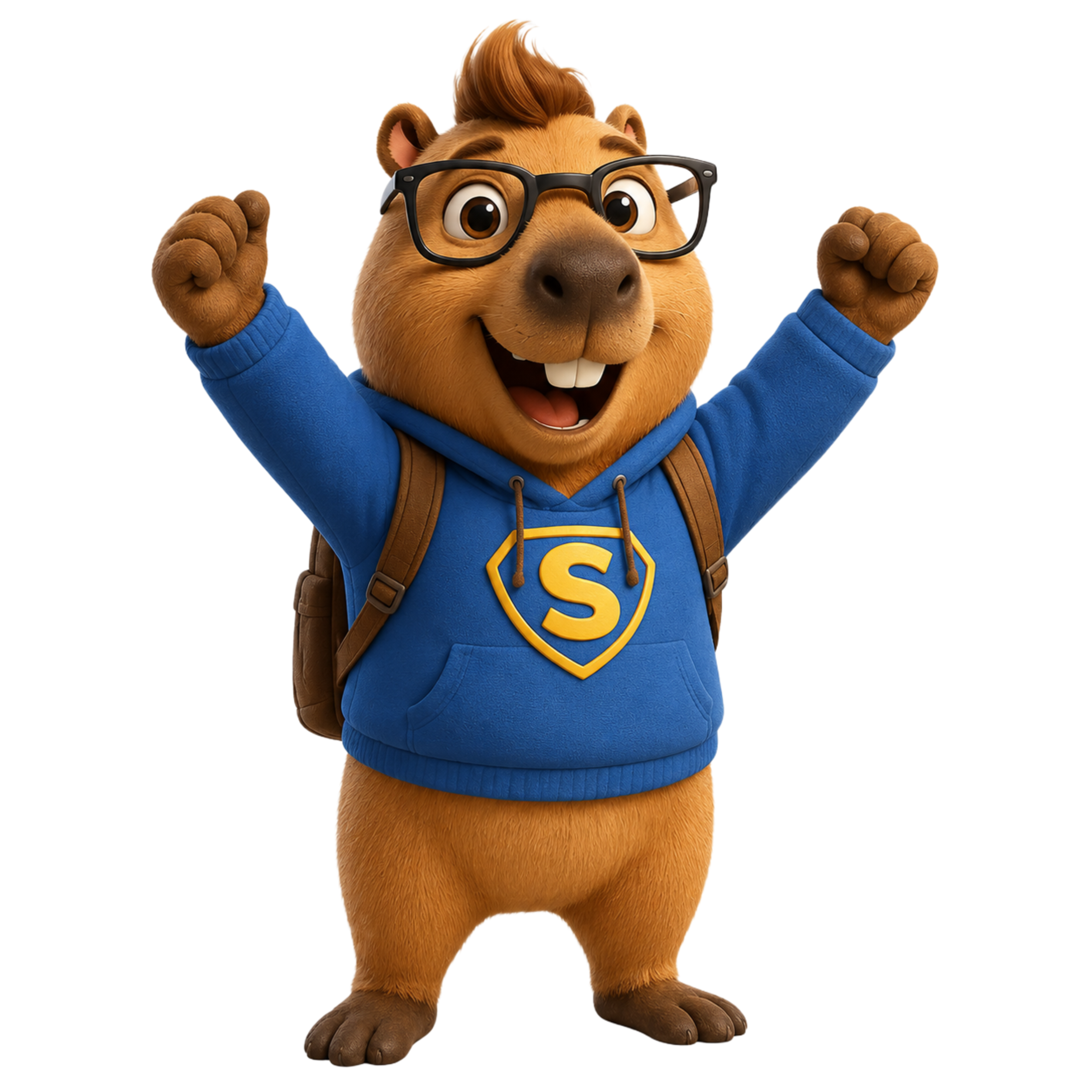 Capy the capybara celebrating with arms raised — friendly mascot for the SATs revision app